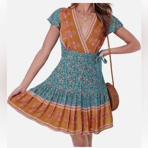 Women’s Teal & Rust Bohemian Bliss Zesica Floral Wrap Ruffle Mini Dress Size S